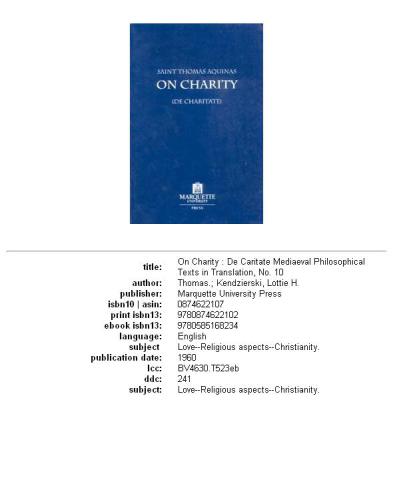 St. Thomas Aquinas: On Charity (Mediaeval Philosophical Texts in Translation)