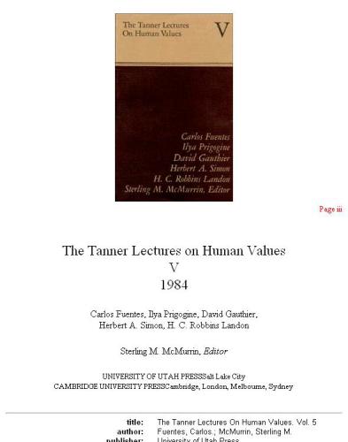 Tanner Lectures Vol 5 (Tanner Lectures on Human Values)