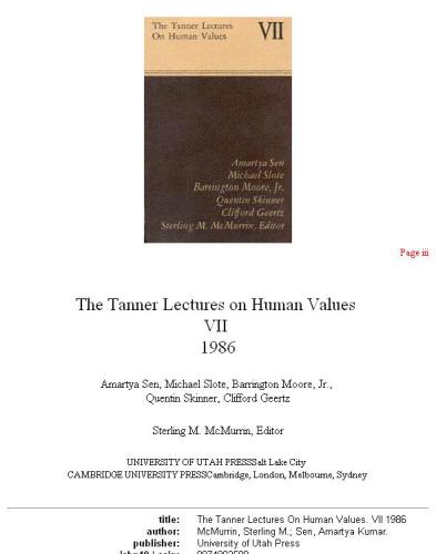 The Tanner Lectures on Human Values. Vol. VII