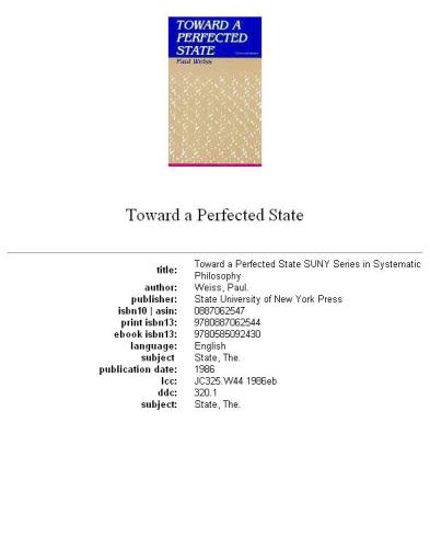Toward a Perfected State (Systematic Philosophy Series)