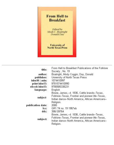 From Hell to Breakfast (Publications of the Texas Folklore Socie Series, 19)