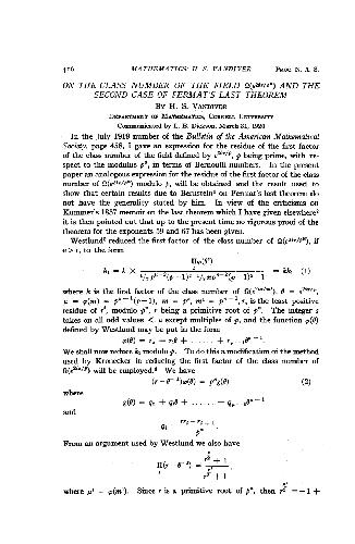 On the Class Number of the Field and the Second Case of Fermats Last Theorem (1920)(en)(7s)