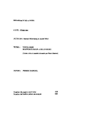 Topologie. Rapports SEAW et Eilenberg