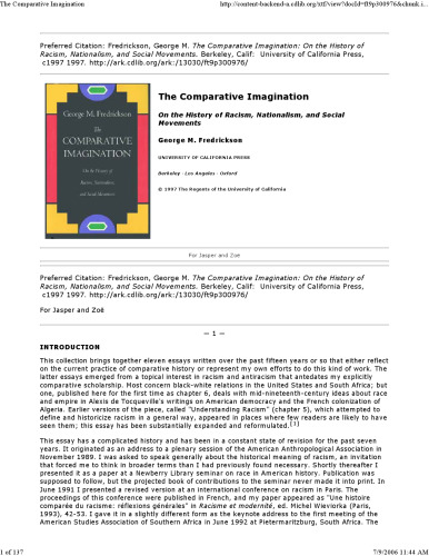 The Comparative Imagination: On the History of Racism, Nationalism, and Social Movements  