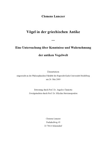 Vögel in der griechischen Antike. Eine Untersuchung über Kenntnisse und Wahrnehmung der antiken Vogelwelt  