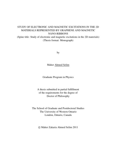 Study of electronic and magnetic excitations in the 2D materials represented by graphene and magnetic nano-ribbons  