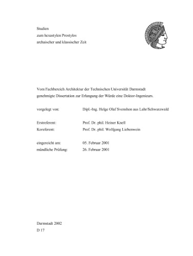 Studien zum hexastylen Prostylos archaischer und klassischer Zeit  