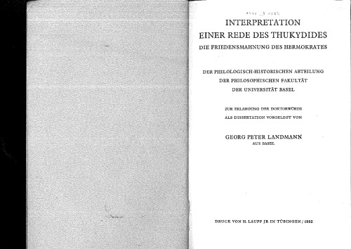 Interpretation einer Rede des Thukydides. Die Friedensmahnung des Hermokrates