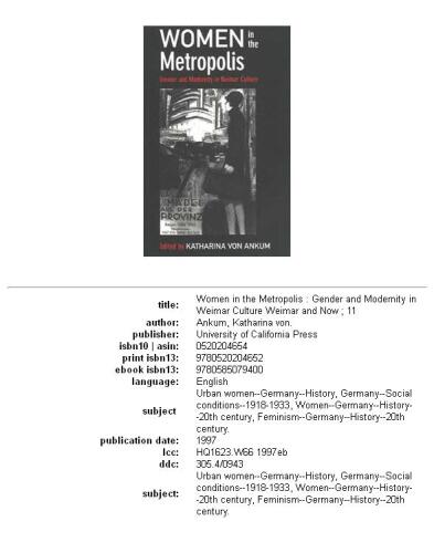 Women in the metropolis: gender and modernity in Weimar culture  
