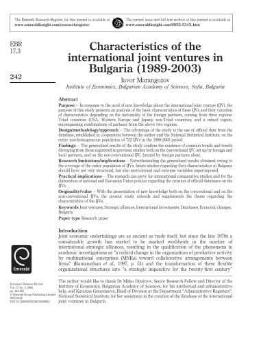 Characteristics of the International Joint Ventures in Bulgaria (European Business Review, Vol. 17, No. 3, pp. 242-262, 2005)  