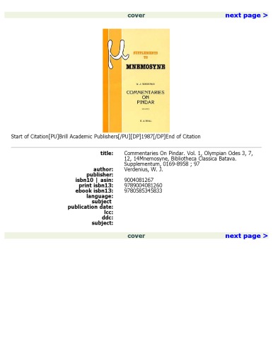Commentaries on Pindar, vol. I: Olympian Odes 3, 7, 12, 14