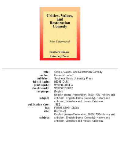 Critics, Values, and Restoration Comedy  