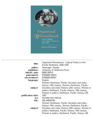 Organized womanhood: cultural politics in the Pacific Northwest, 1840-1920  