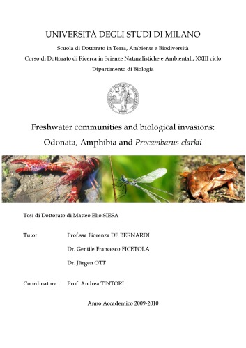 Freshwater communities and biological invasions: Odonata, Amphibia and Procambarus clarkii (PhD thesis)