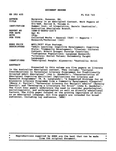Literacy in an aboriginal context (Work papers of SIL-AAB)  