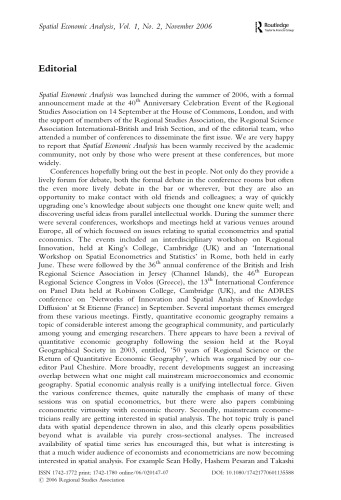 Spatial Economic Analysis - Volume 1, Issue 2  