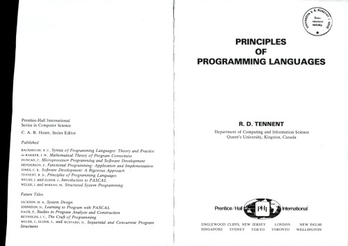 Principles of Programming Languages (Prentice Hall International Series in Computing Science)  