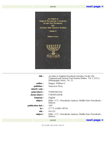 An Index to English Periodical Literature on the Old Testament and Ancient Near. Vol. 2 (ATLA Bibliography Series ; No. 21)