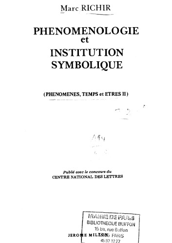 Phénoménologie et institution symbolique (Collection Krisis)