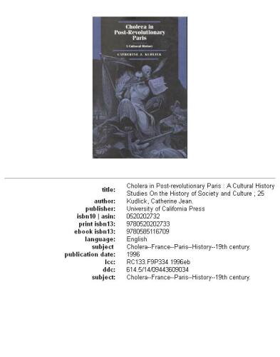 Cholera in post-revolutionary Paris: a cultural history  