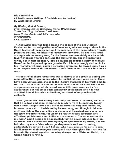 Rip Van Winkle (A Posthumous Writing of Diedrich Knickerbocker)  