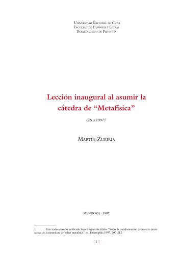 Leccion inaugural al asumir la cátedra de metafísica