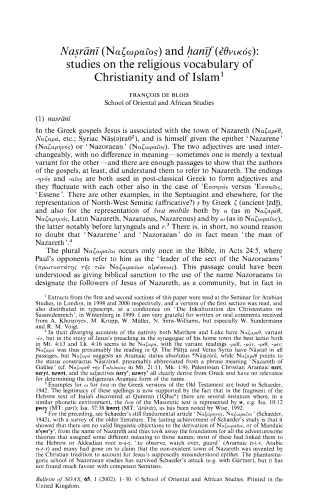 Naṣrānī (Nαζωραιος) and ḥanīf (ἐθνικός): studies on the religious vocabulary of Christianity and of Islam