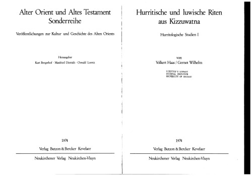 Hurritische und luwische Riten aus Kizzuwatna (Hurritologische Studien, 1)    