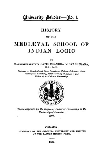 History of the Mediæval School of Indian Logic