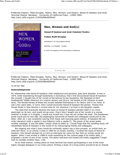 Men, Women, and God(s): Nawal El Saadawi and Arab Feminist Poetics