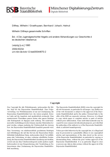 Die Jugendgeschichte Hegels: und Andere Abhandlungen zur Geschichte des deutschen Idealismus