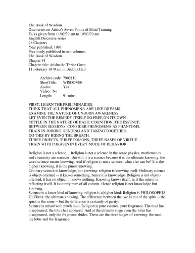 The Book of Wisdom Volume 1: Discourses on Atisha's seven points of mind training