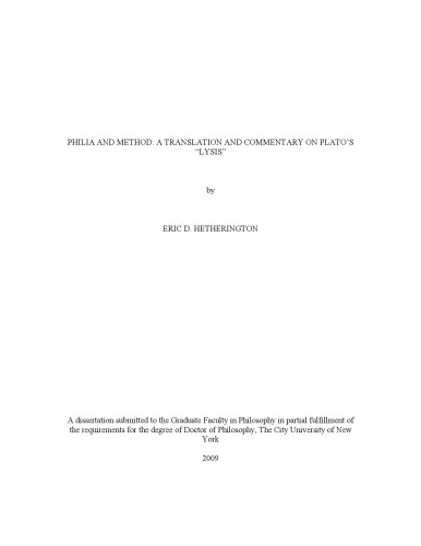Philia and method: A translation and commentary on Plato's 'Lysis'