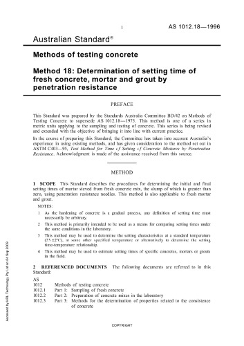 Methods of testing concrete: Determination of setting time of fresh concrete, mortar and grout by penetration resistance