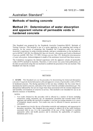 Methods of testing concrete: Determination of water absorption and apparent volume of permeable voids in hardened concrete