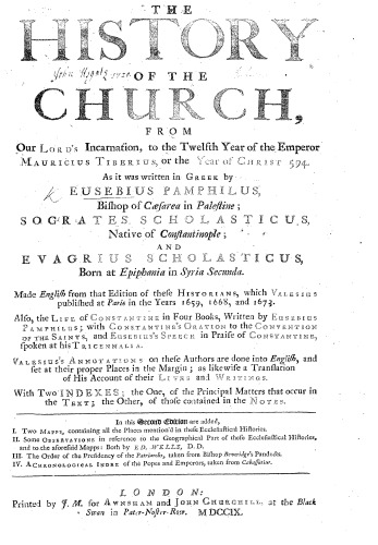 The Ecclesiastical Histories of Eusebius, Socrates, Sozomen FOLIO 1709