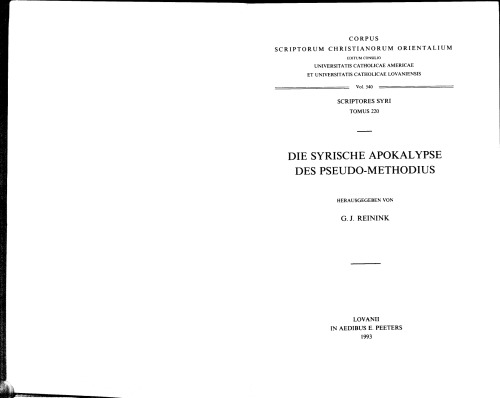 Die Syrische Apokalypse des Pseudo-Methodius, Scriptores Syri, Tomus 220