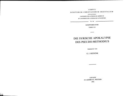 Die Syrische Apokalypse des Pseudo-Methodius, Scriptores Syri, Tomus 221