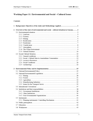 Guyana: Transport Sector Study Environmental and Social – Cultural Issues Working Paper 11