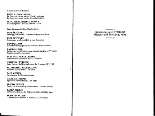 Studies in Late Byzantine History and Prosopography (Variorum Reprints)