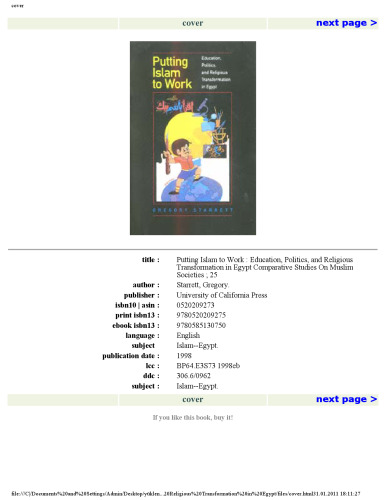 Putting Islam to Work: Education, Politics, and Religious Transformation in Egypt (Comparative Studies on Muslim Societies)