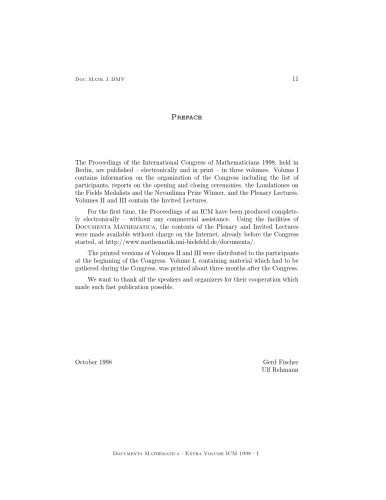 Documenta Mathematica Journal der Deutschen Mathematiker-Vereinigung Extra Volume ICM 1998 (Proceedings of the Intl Congress of Mathematicians Berlin 1998, Volume 1: Plenary Lectures and Ceremonies)
