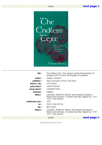 The Endless Text: Don Quixote and the Hermeneutics of Romance