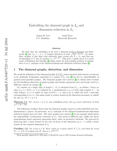 Embedding the diamond graph in Lp and dimension reduction in L1