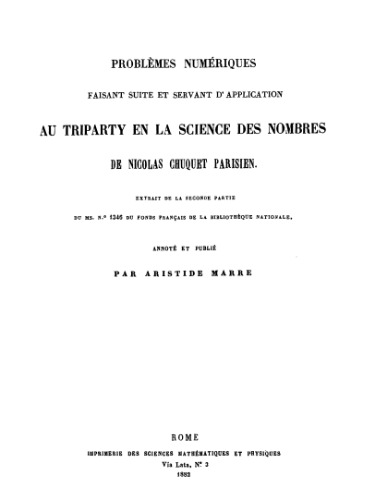Problèmes numériques faisant suite et servant d'application au triparty en la science des nombres