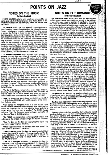 Dave Brubeck: Points on Jazz (Jazz Ballet) Original Two-Piano Score