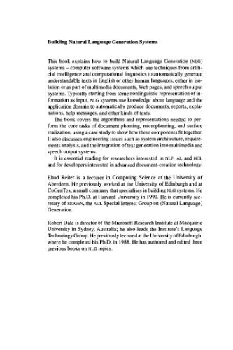 Building Natural Language Generation Systems (Studies in Natural Language Processing)