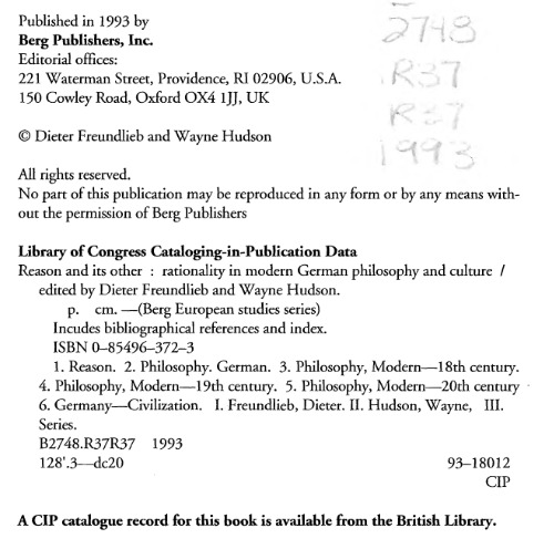 Reason and Its Other: Rationality in Modern German Philosophy and Culture (Berg European Studies Series)
