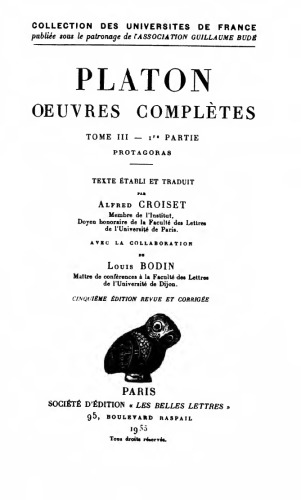 Platon: Œuvres complètes. Tome III, 1re partie: Protagoras