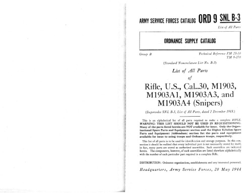 Ordnance Supply Catalog, Maintenance - U.S. Rifles, Cal..30, M1903, M1903A1, M1903A3, and M1903A4 (Snipers) (FM 23-10, TM 9-270)